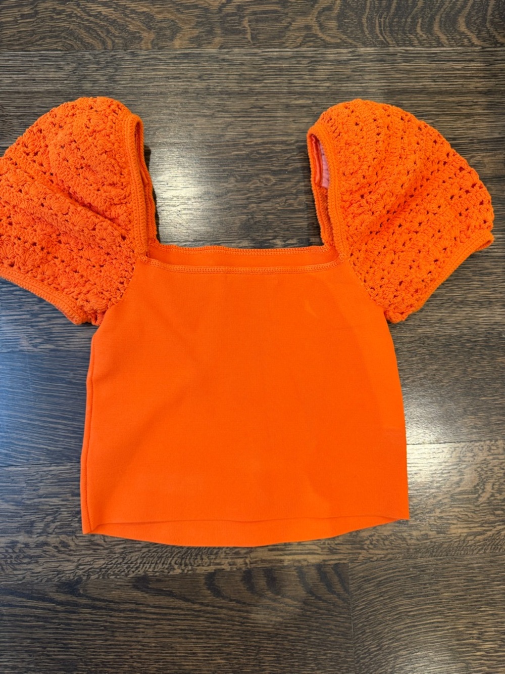Alice + Olivia Bright Orange Puff-Sleeve Crochet Crop Top